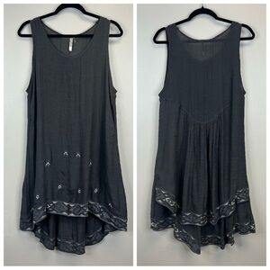Monoreno Charcoal Sleeveless Tunic Dress Embroidered Hem Lightweight Boho Gray